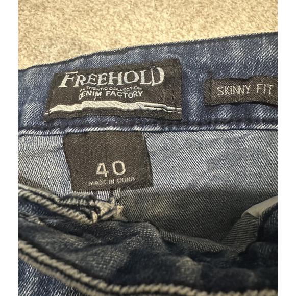 Freehold Denim Factory Men’s Skinny Jeans Distressed Blue Stretch 38x30 Ripped - Picture 2 of 9